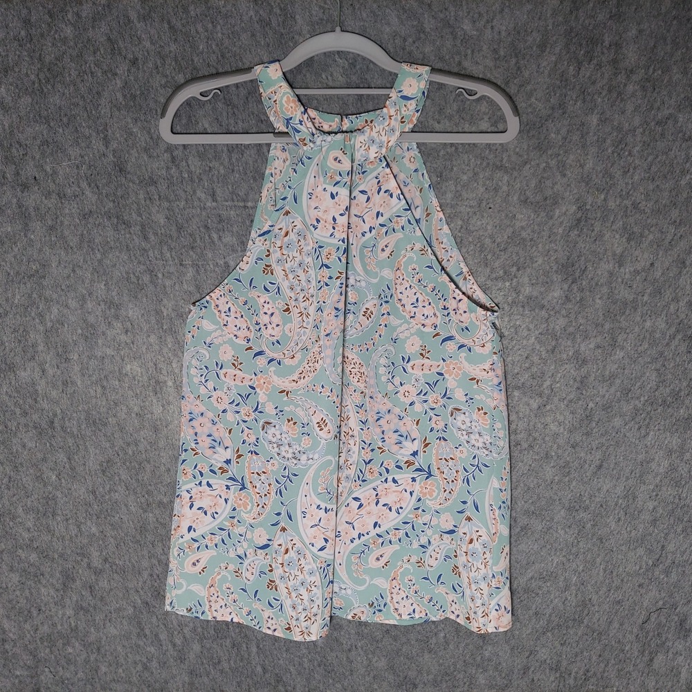 Pleione Halter Top M Mint Paisley Boho Keyhole Sleeveless Blouse Lightweight